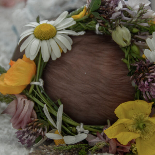Babykopf mit Blumenkranz